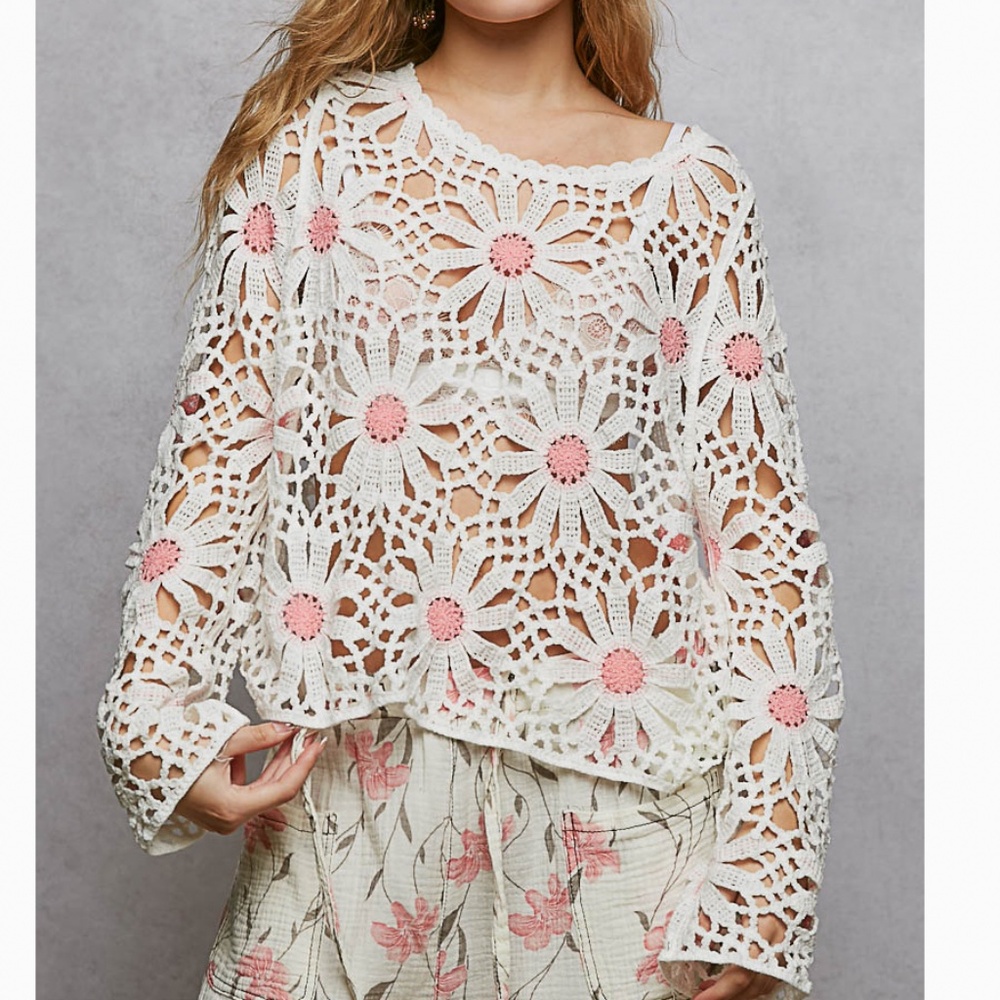 POL White Crochet Floral Knit Sweater with Pink Accents - Picture 7 of 8